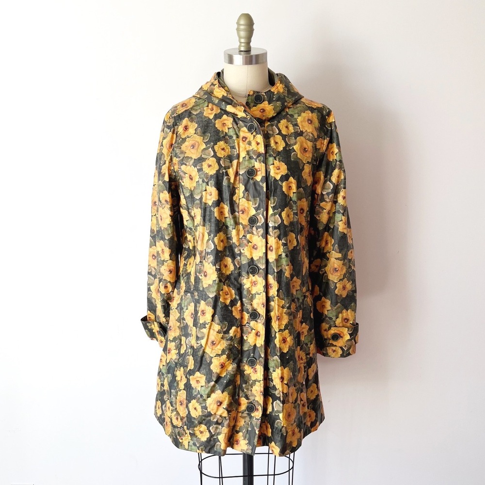 Avoca Ireland Raincoat Yellow Floral Hooded PVC Laminated Cotton Jacket Large 3